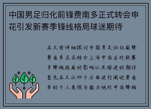 中国男足归化前锋费南多正式转会申花引发新赛季锋线格局球迷期待